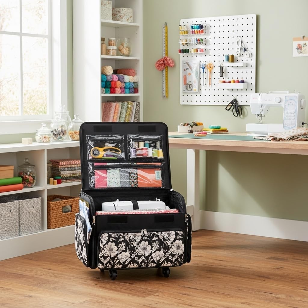 Everything Mary Sewing Machine Case Rolling 4 Wheel Storage Bag Black