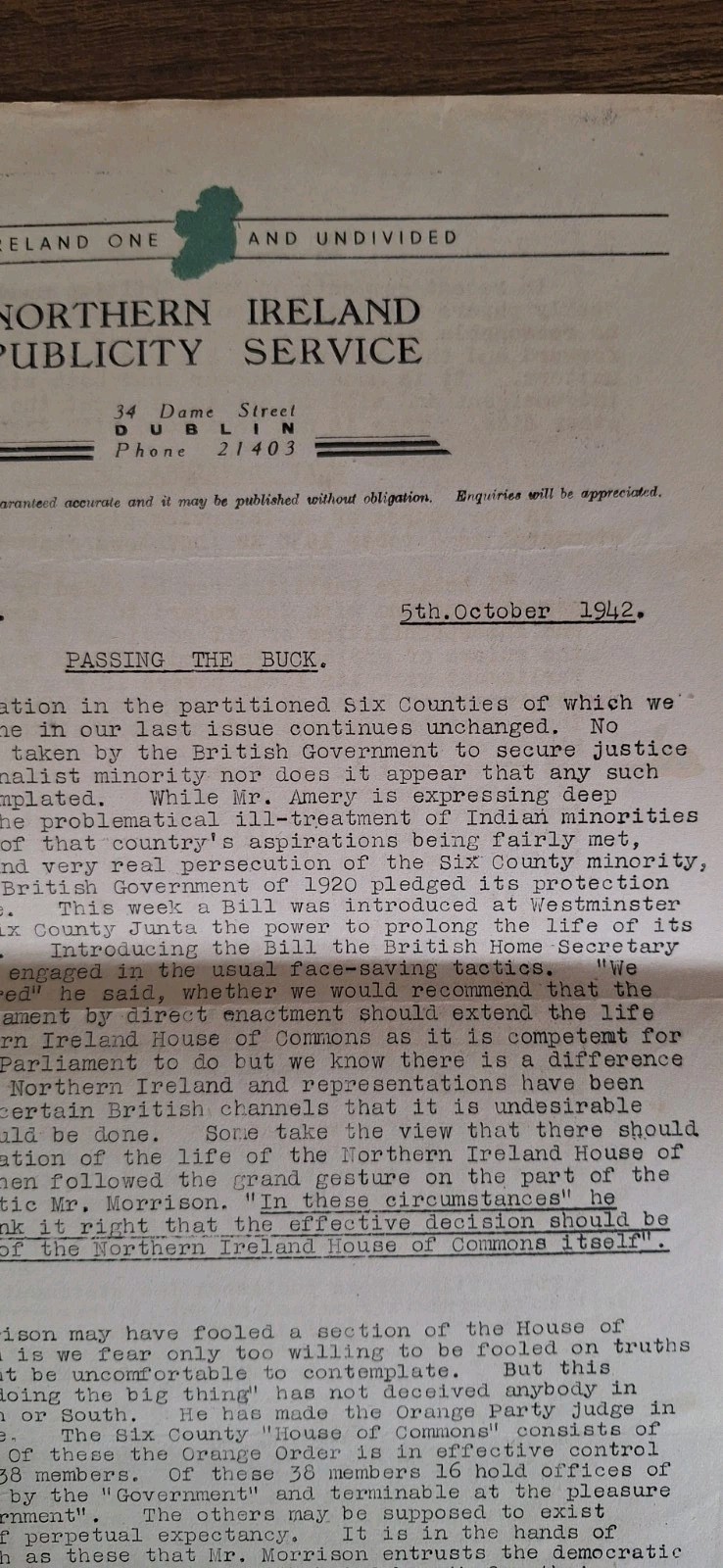 Irish Republican Press 1940s Bulletin Document 6 Counties Interest