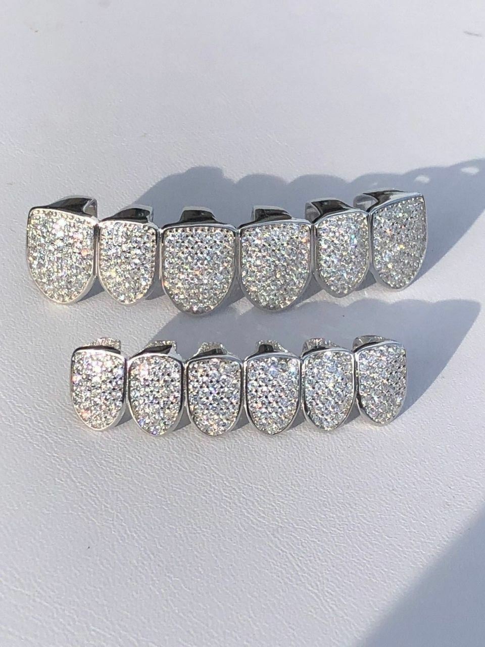 MOISSANITE GRILLZ Passes Test Teeth Top & Bottom Hip Hop 925 Silver Iced Rapper