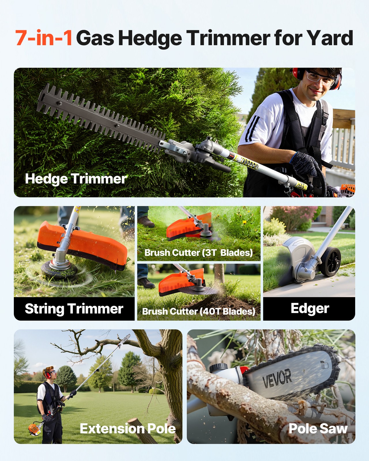 VEVOR 6-in-1 Gas Hedge Trimmer 2 Cycle 26cc Gas Powered Handheld Hedge Trimmer