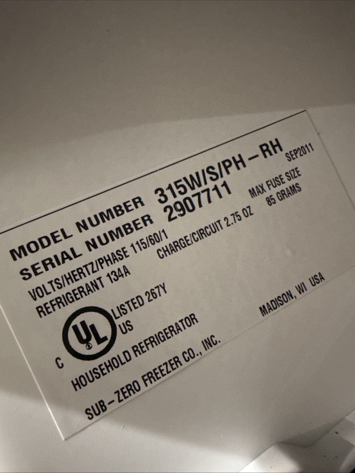 Sub-Zero 15”wide stainless Steel Wine Bottle Cooler Model 315W/S/PH