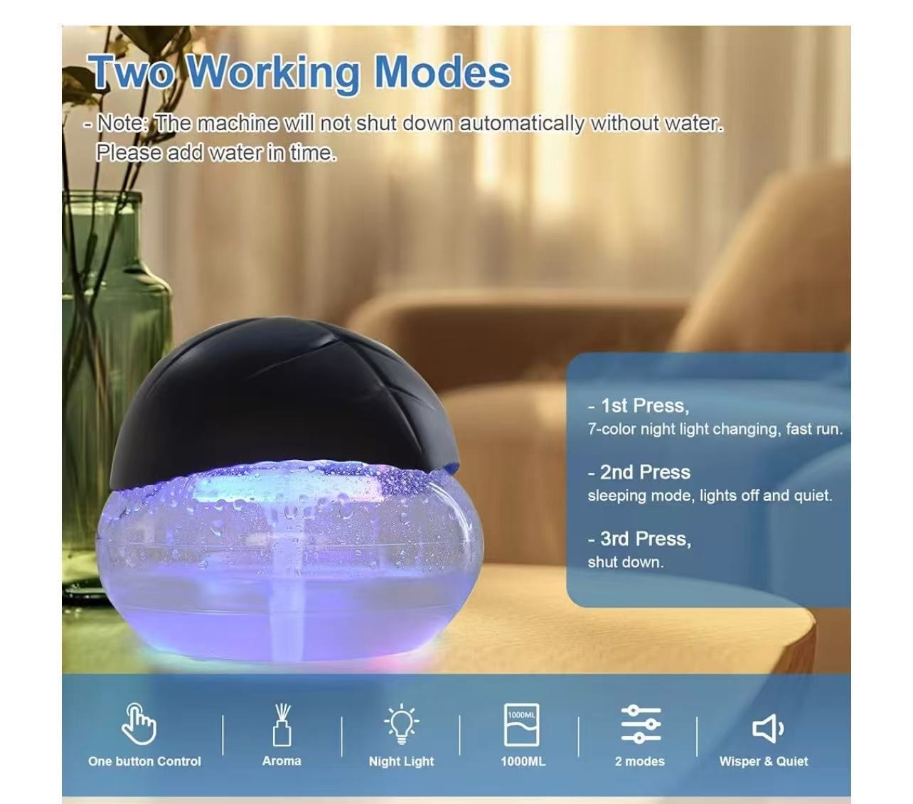 Water-Based Purifier Air Washer,Air Revitalizer,Freshener, colorful lights,Black