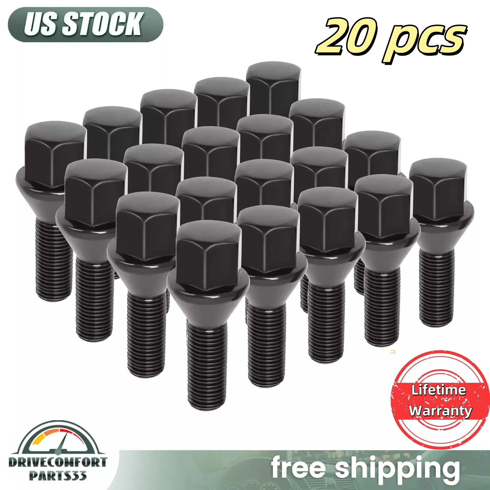 20 Pcs Black Wheel Lug Bolts For 2012-25 Dart Compass Renegade Cherokee Ram 700