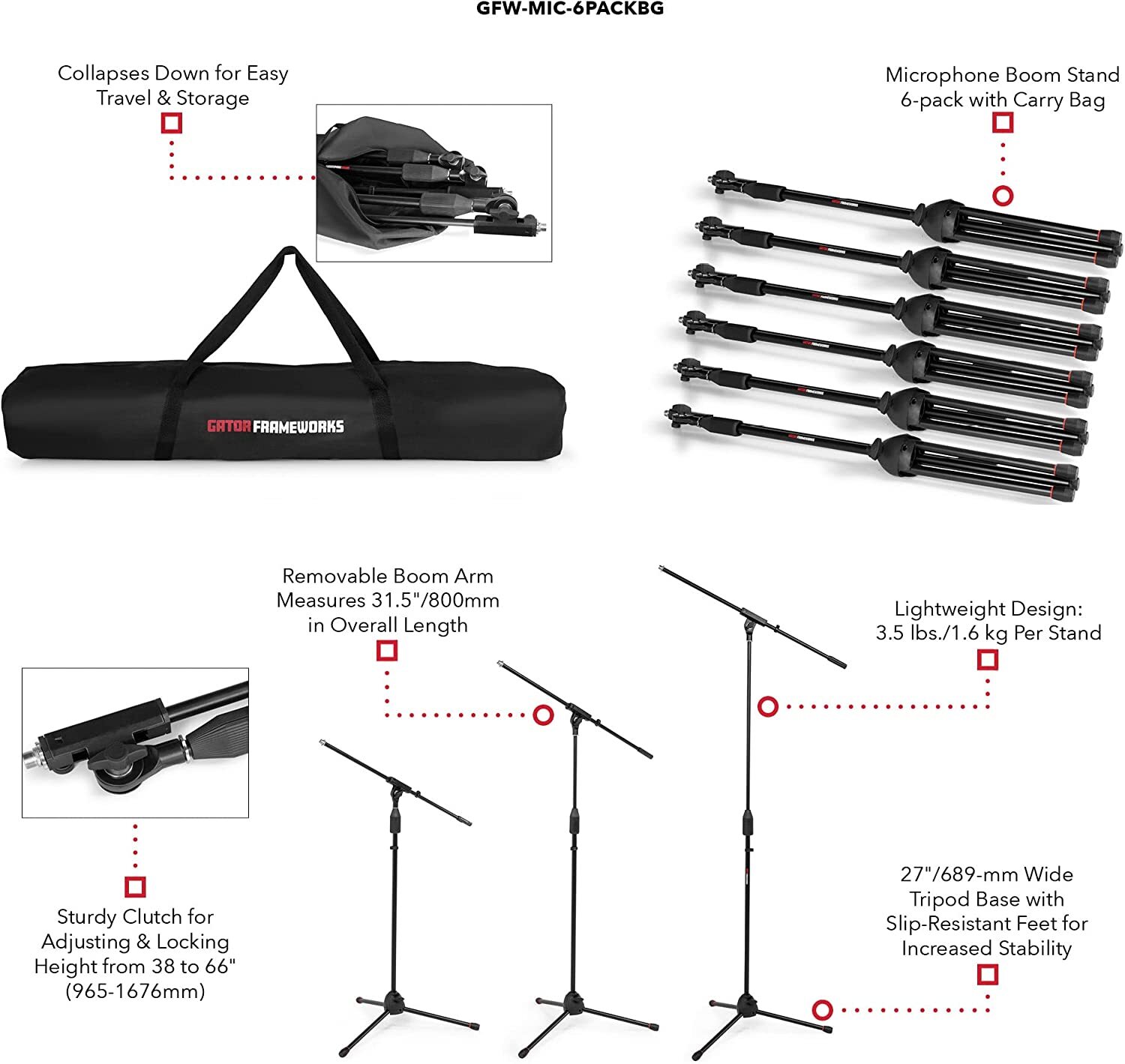 Gator Frameworks Microphone Boom Set with Carry Bag Includes (6) Mic Stands