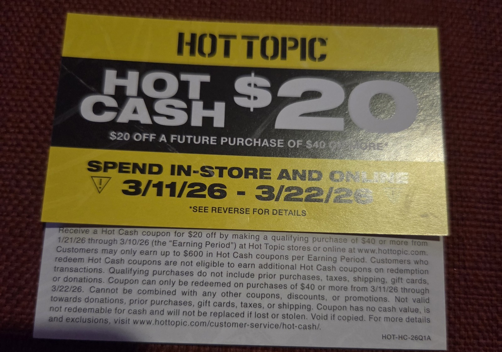 5 Hot Topic Hot Cash $20 off $40 valid from 3/12/26 to 3/22/26 ($100 off $200)!