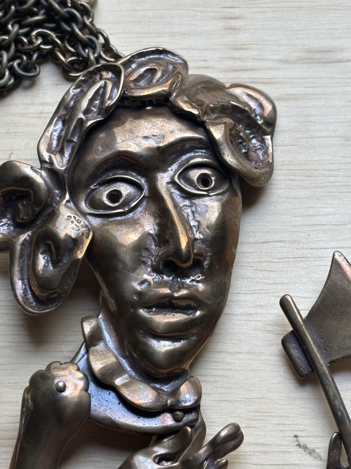 Boscarino Bronze Pendant Articulated Man Axe Artisan Necklace Tribal Signed VTG