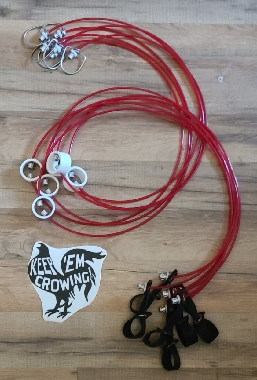 6 TIE CORDS 6ft Poultry. Rust-free crimps! BLACK Poly-nylon Hitch RED Cmcl cord