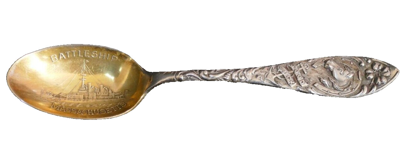 Span Am War Battleship Massachusetts Souvenir Spoon 4.5" Extra Coin Silver Plate