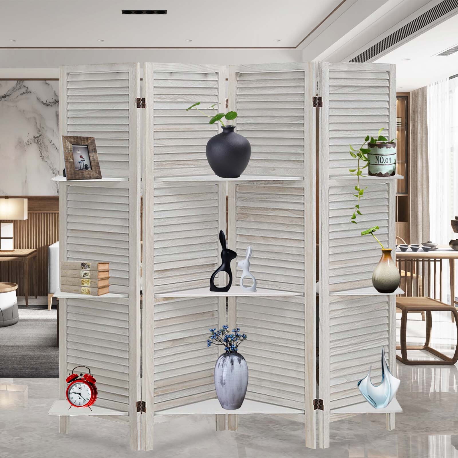 4 Panel 5.6FT Wooden Room Divider Folding Privacy Screen Partition W/ Shelves