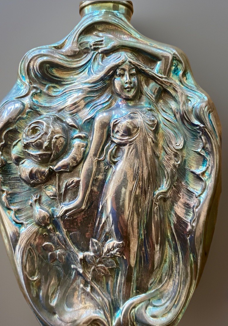 Art Nouveau Spirit Flask Victor Silver Co Nymph Relief Iridescent Barware Superb