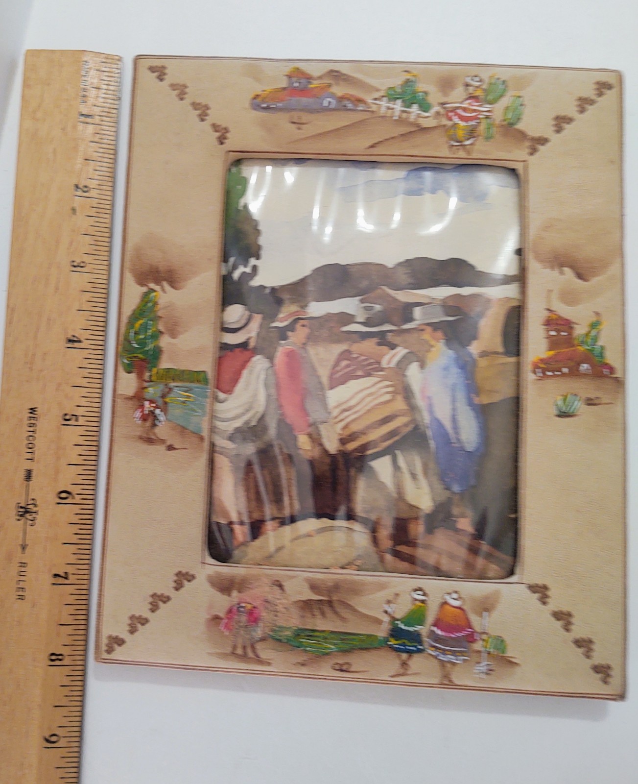 Peru Hand Painted Leather Photo Picture Frame with Peruvian Scene Native Scene