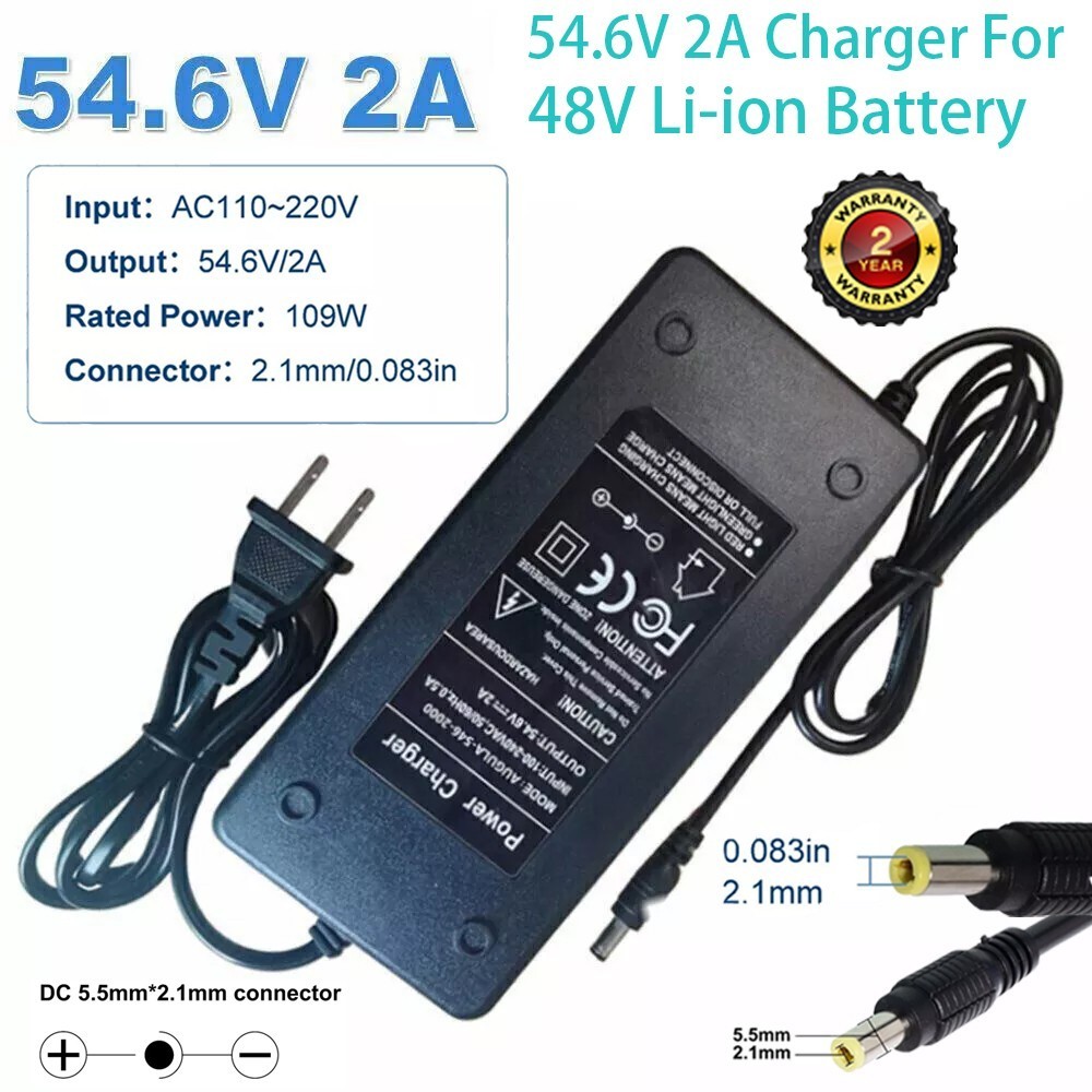 54.6V 2A Adapter Charger 48V Lithium Battery with 5.5mm*2.1mm DC Plug Port 108W