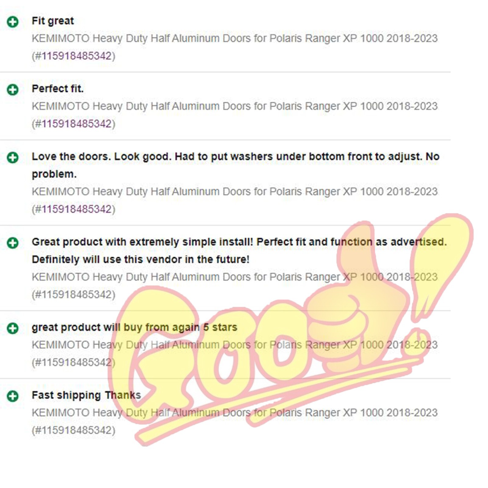 KEMIMOTO Heavy Duty Half Aluminum Doors for Polaris Ranger XP 1000 2018-2025