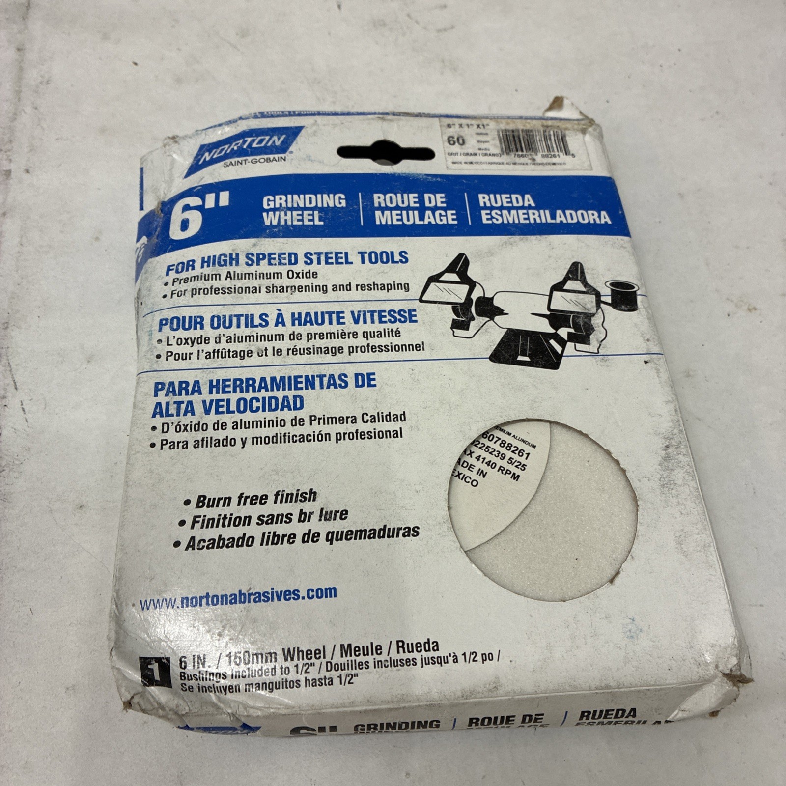 Norton Grinding Wheel, 6in. x 1in., White Aluminum Oxide, 60 Grit