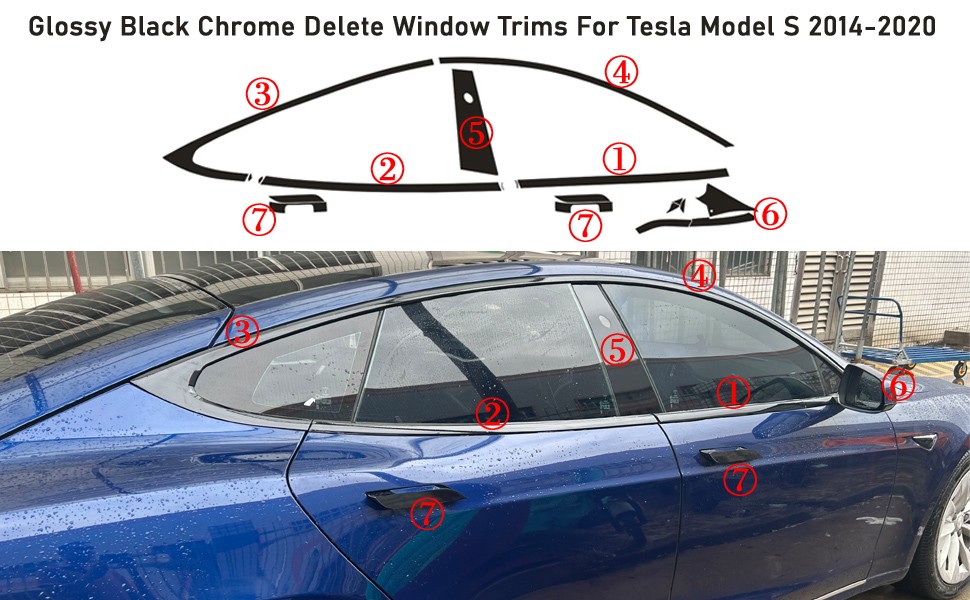 Glossy Black Chrome Delete Window Trims For Tesla Model S 2014-2020