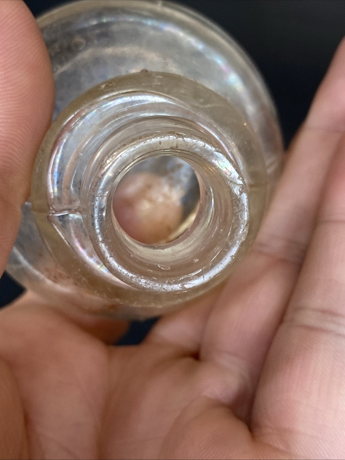 Antique Iridescent Clear Sheered Lip Cone Ring Shoulder 19th C Ink Well Bottle