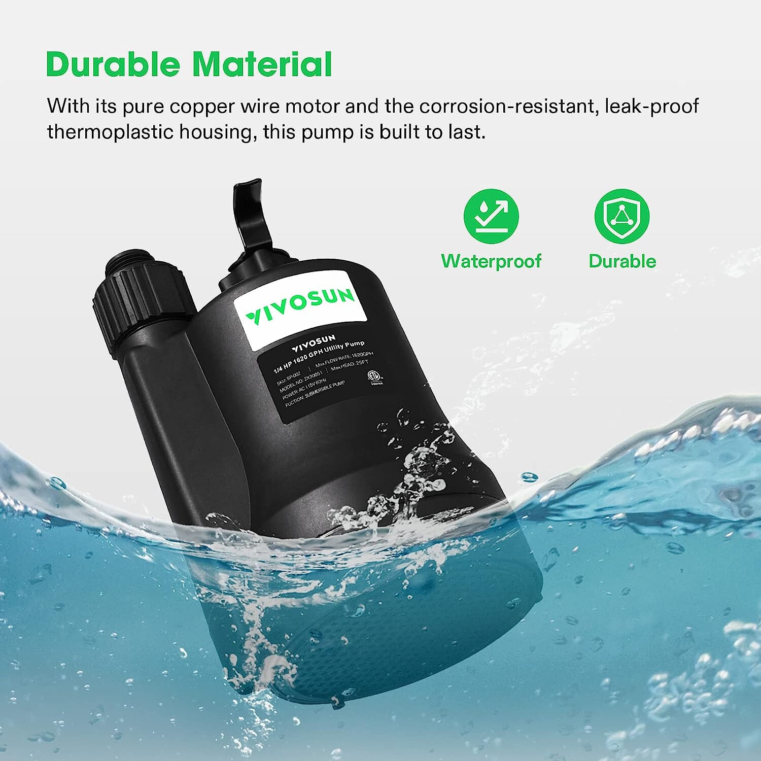 VIVOSUN 1/3HP 1/4HP 1/5HP Submersible Water Pump Utility Pump Sump w/ 10ft Cable