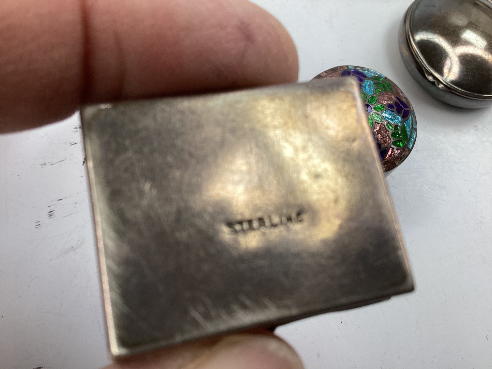 4 Vintage Engraved Sterling Silver Rectangle Pill Box,cloisonné, wood inlay+(B3)