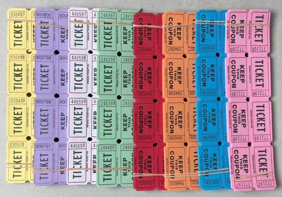 800 Raffle Tickets Double Stub 100 of each color listed Carnival Festival 50/50
