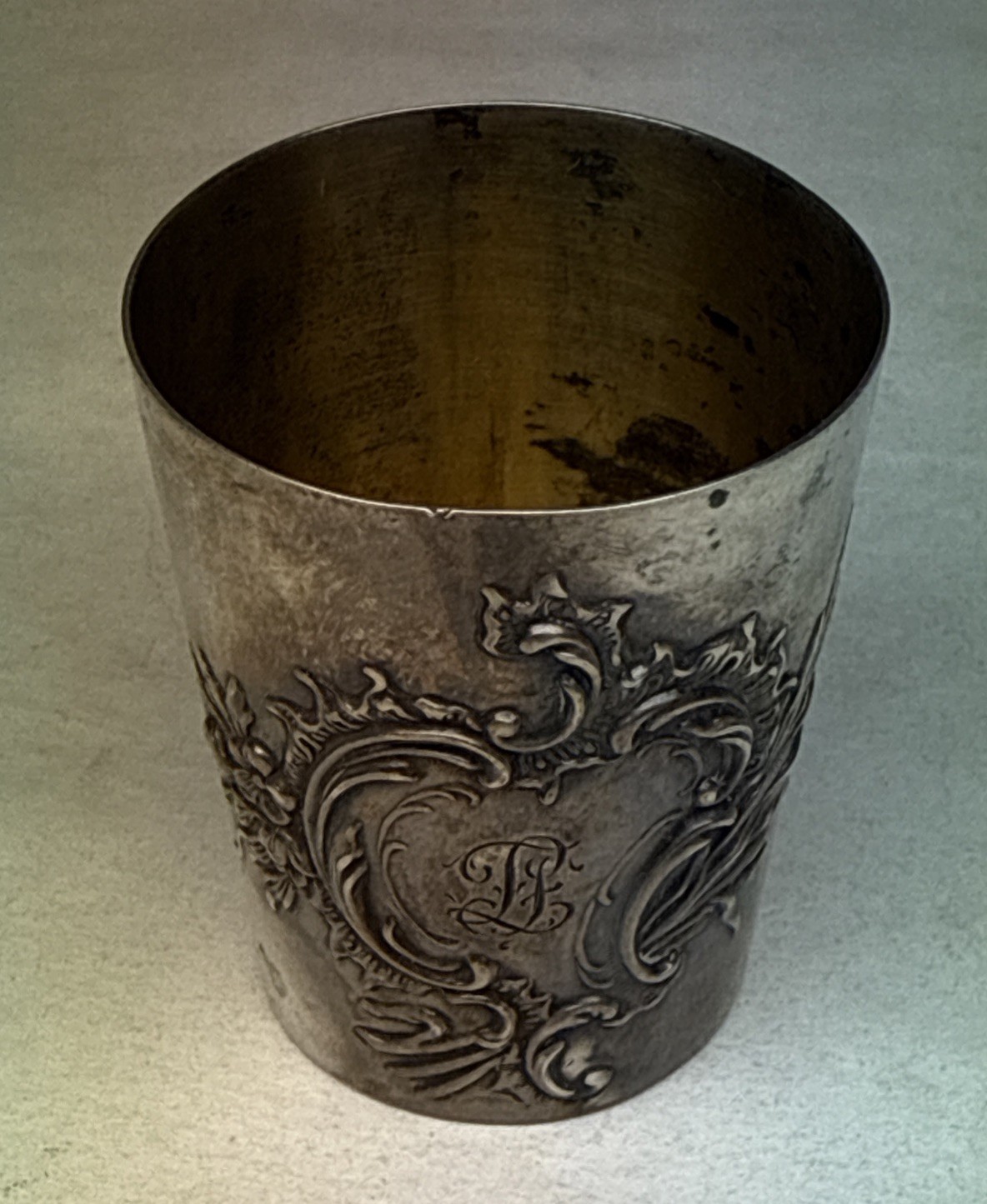 Antique Victorian Shot Glass Cup German 800 Sterling Silver Gebruder Kuhn ? Gold