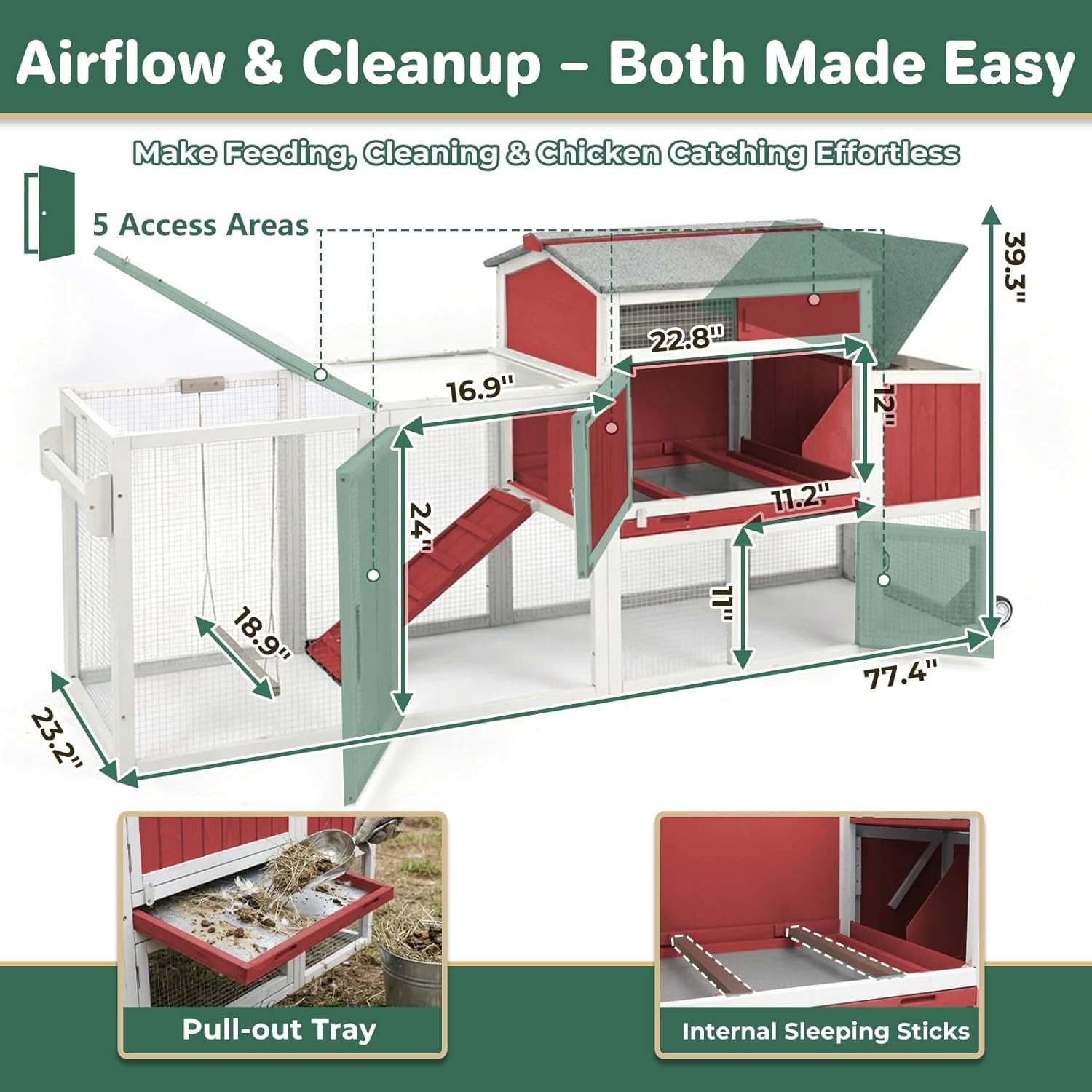 PETSCOSSET Outdoor Chicken Coop, Large Chicken House with Nesting Box, Red