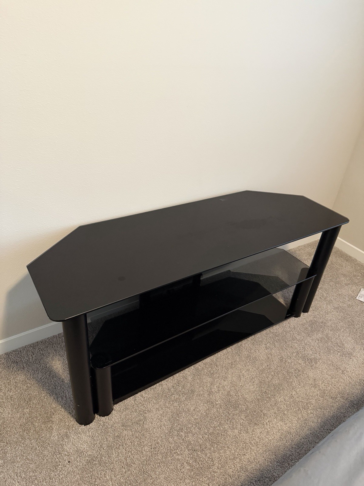 Black Glass Corner TV Stand with 2 Shelves, Open Storage, Modern Style