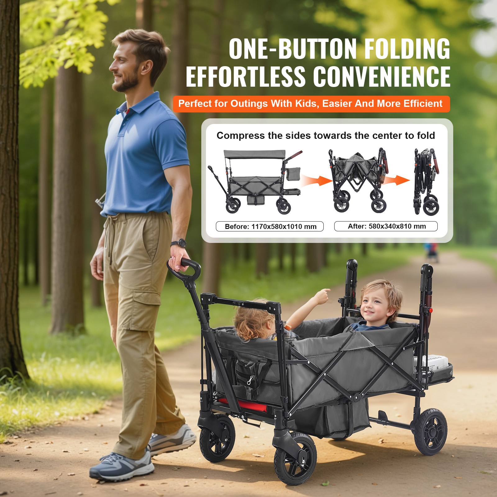 Wagon Stroller Collapsible Double Stroller for 2 Kids w/ Canopy Dark Grey