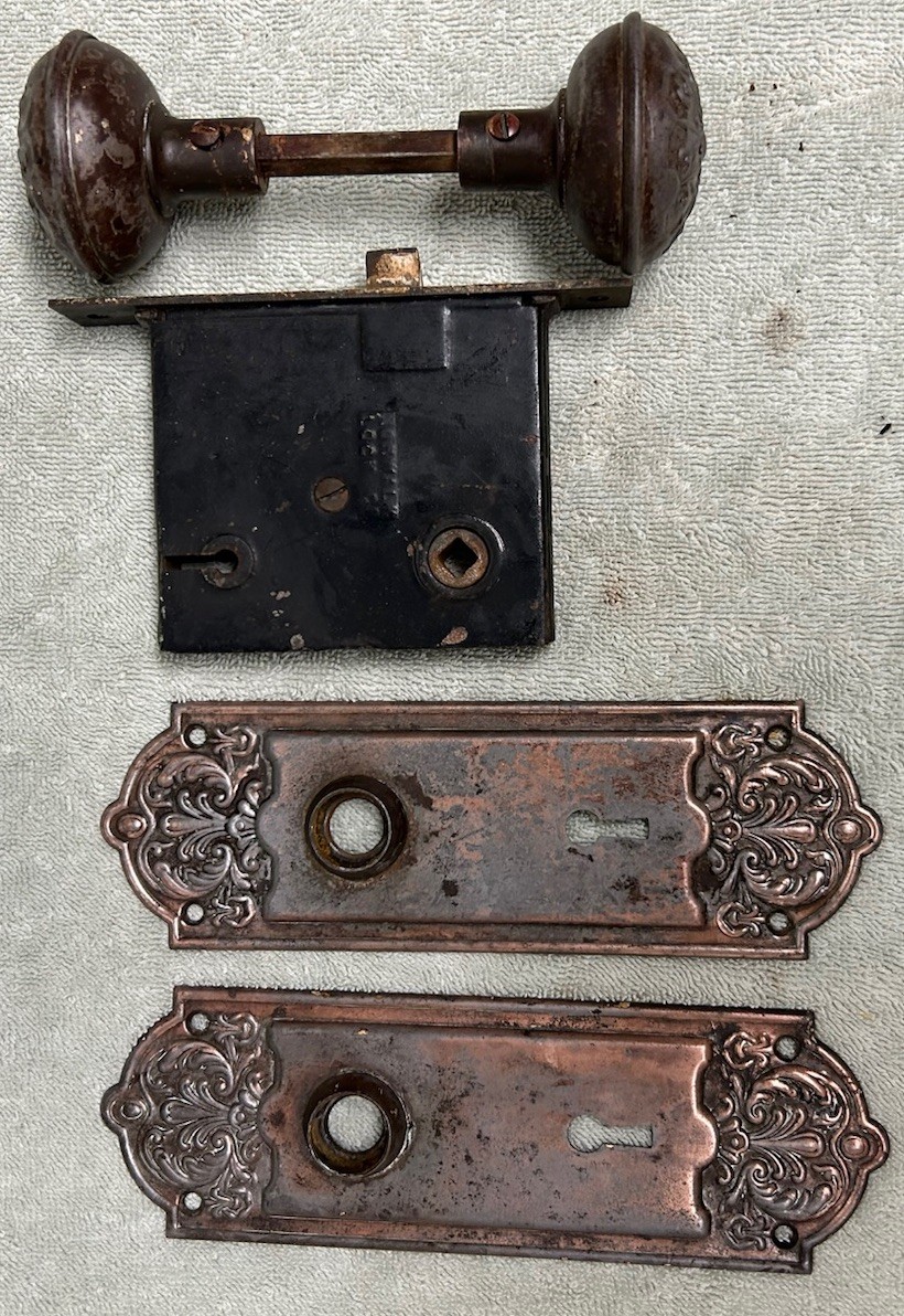 Antique Victorian Metal Door Knob Set With Mortise & Backplates