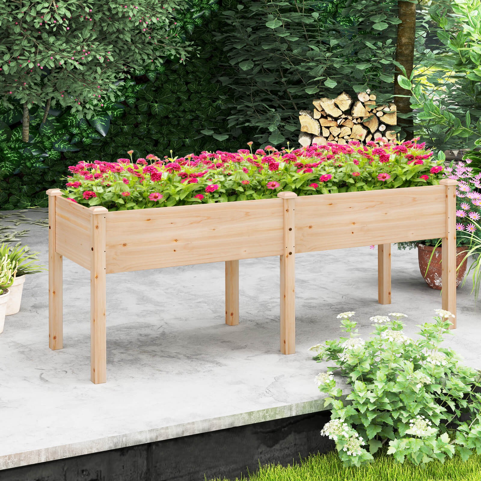 Raised Garden Bed Elevated Fir Wood Planter Box w/ 2 Large Planting Areas