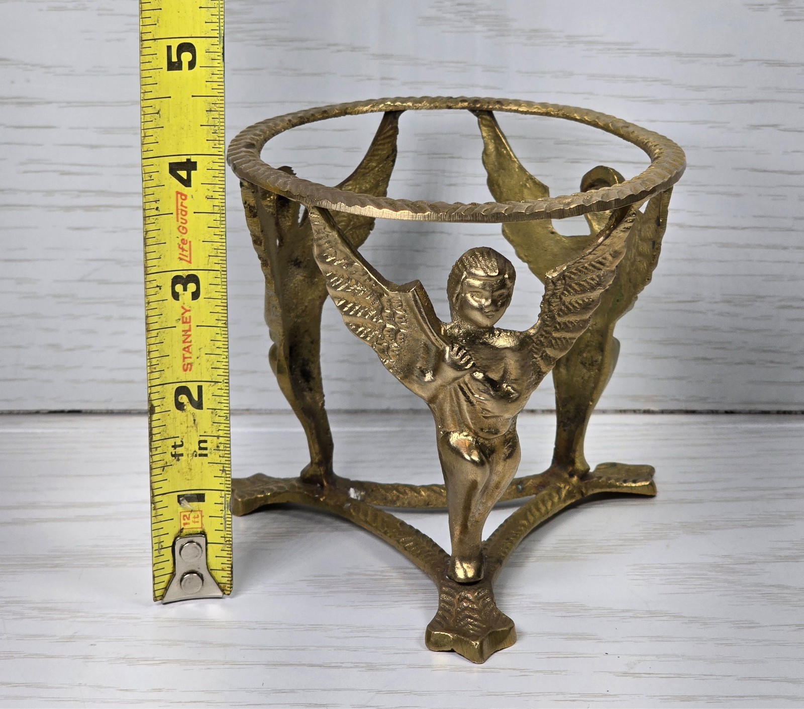 VTG Brass Cherub Angel Plant Stand Vase Holder Figural Putti Art Deco Table Base