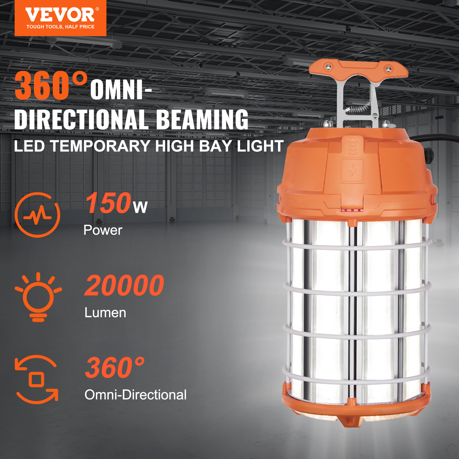 VEVOR 150W LED Temporary Construction Light 20000LM Work Jobsite Lighting, IP65