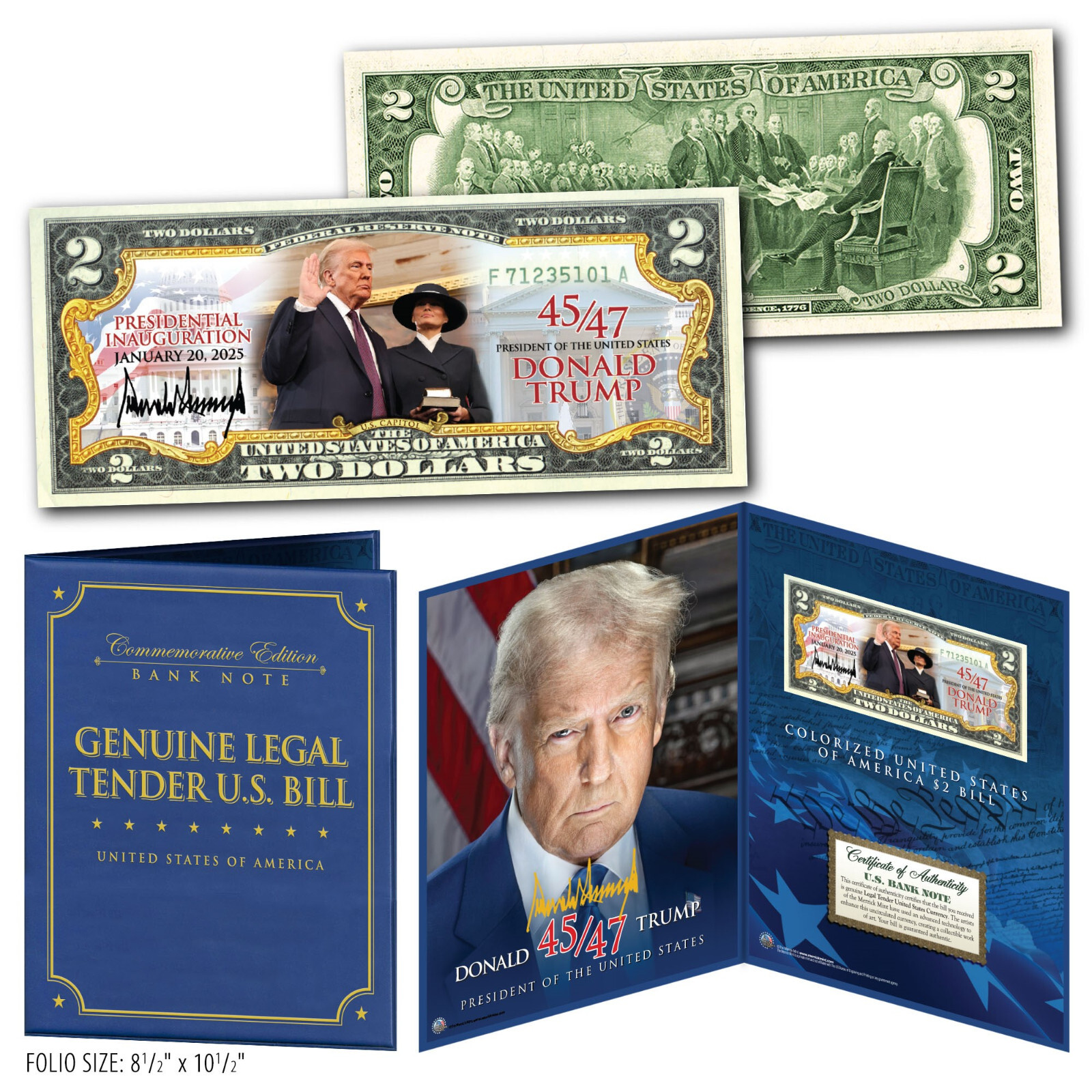DONALD TRUMP 47th President INAUGURATION Oath $2 US Bill with 8x10 Photo Display