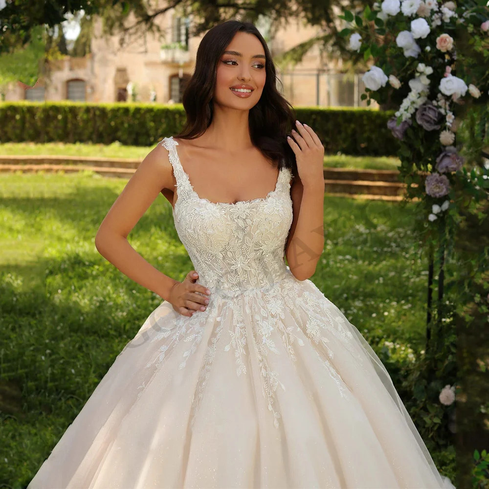 Princess Ball Gown Wedding Dress Customized Square Neck Beading Applique Sweep