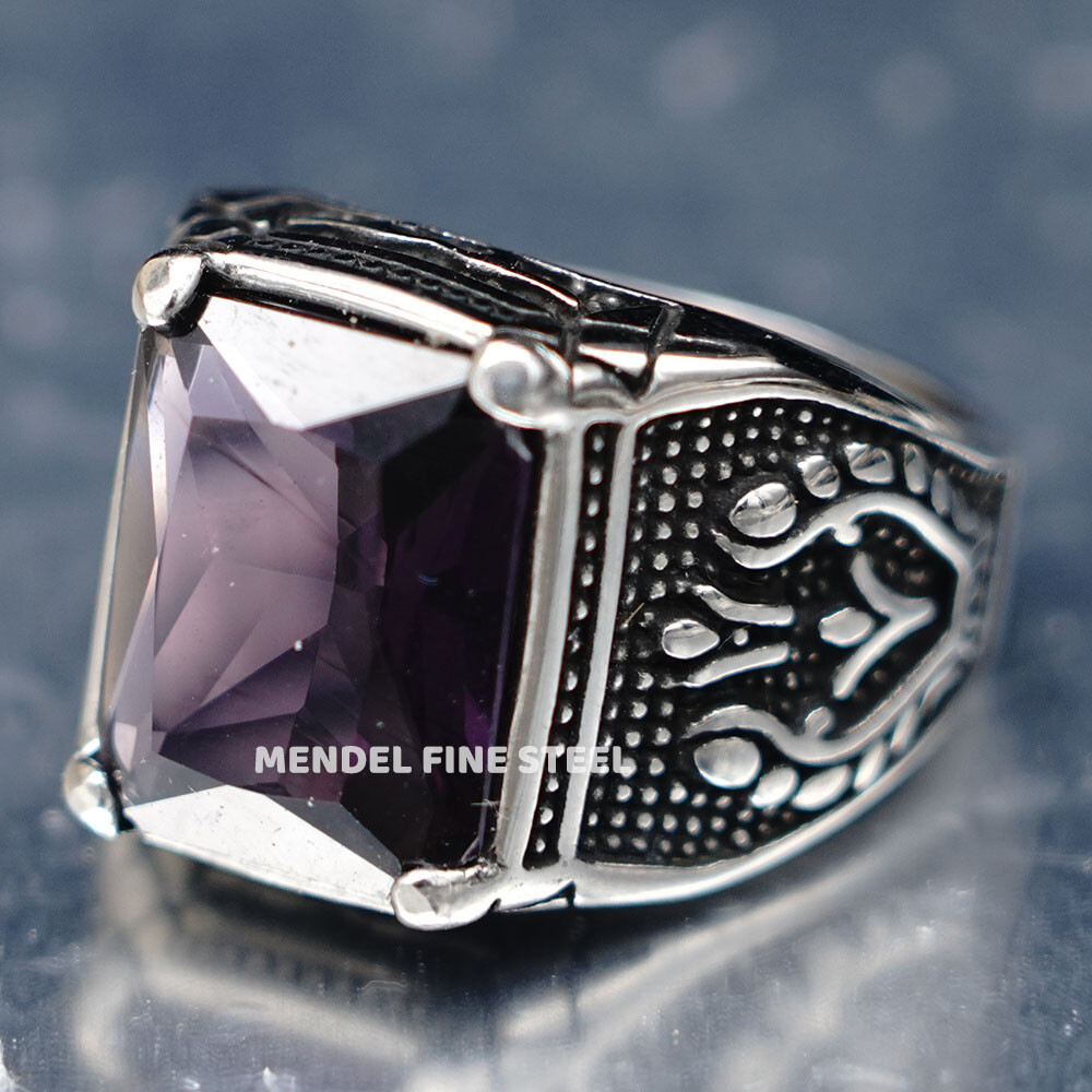 MENDEL Mens Purple Amethyst Stone Ring Stainless Steel Size 7 8 9 10 11 12 13-15