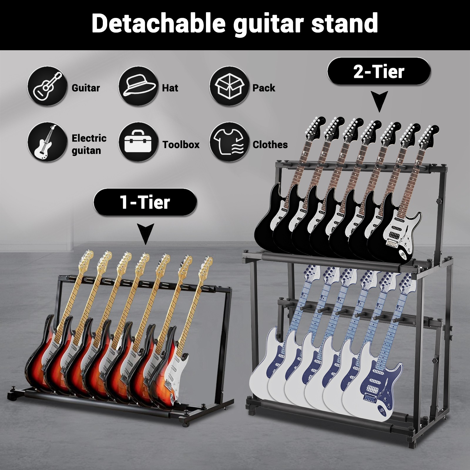 2 Tier Multi Guitar Stand 14 Holder Height Adjustable Guitars Display Rack
