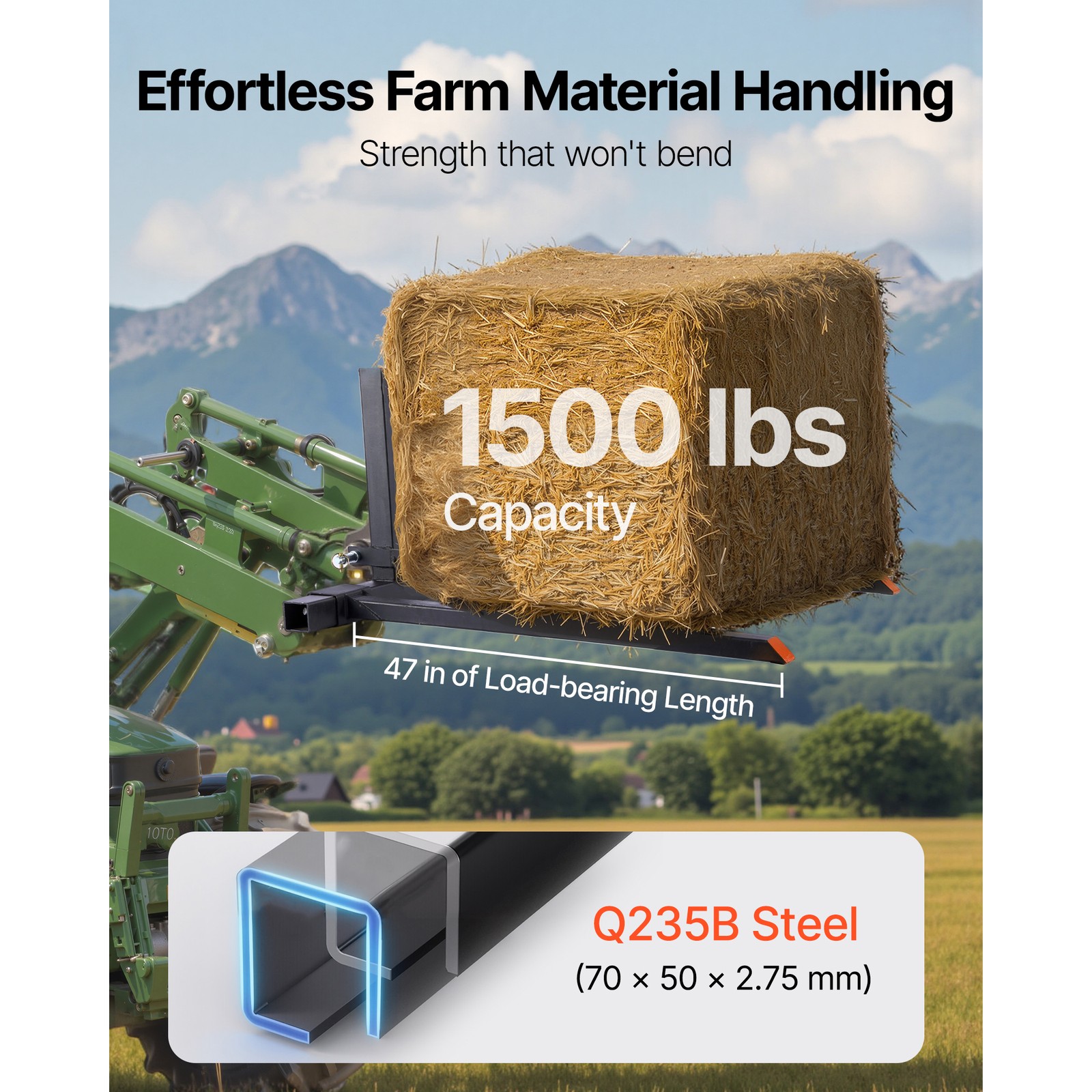 Uimoso 3-Point Hitch Pallet Fork 1500 lbs, 50" Forks for Category 1 Tractors