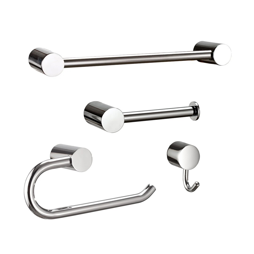 4 Pc Bathroom Hardware Accessory Chrome Towel Bar Ring Robe Hook & Toilet Holder