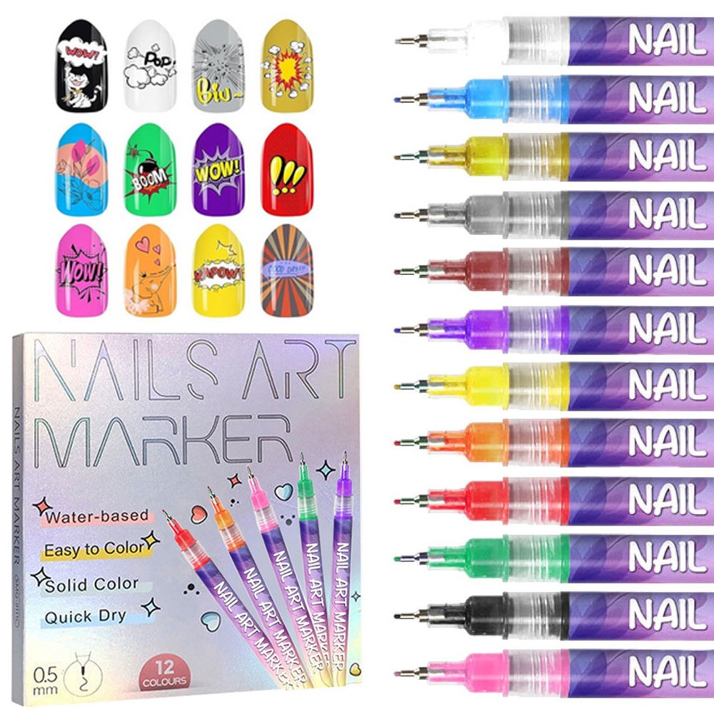 12 Colors Nail Art Pens Set Waterproof 0.5MM Nail Polish Pens Quick-Drying Nail