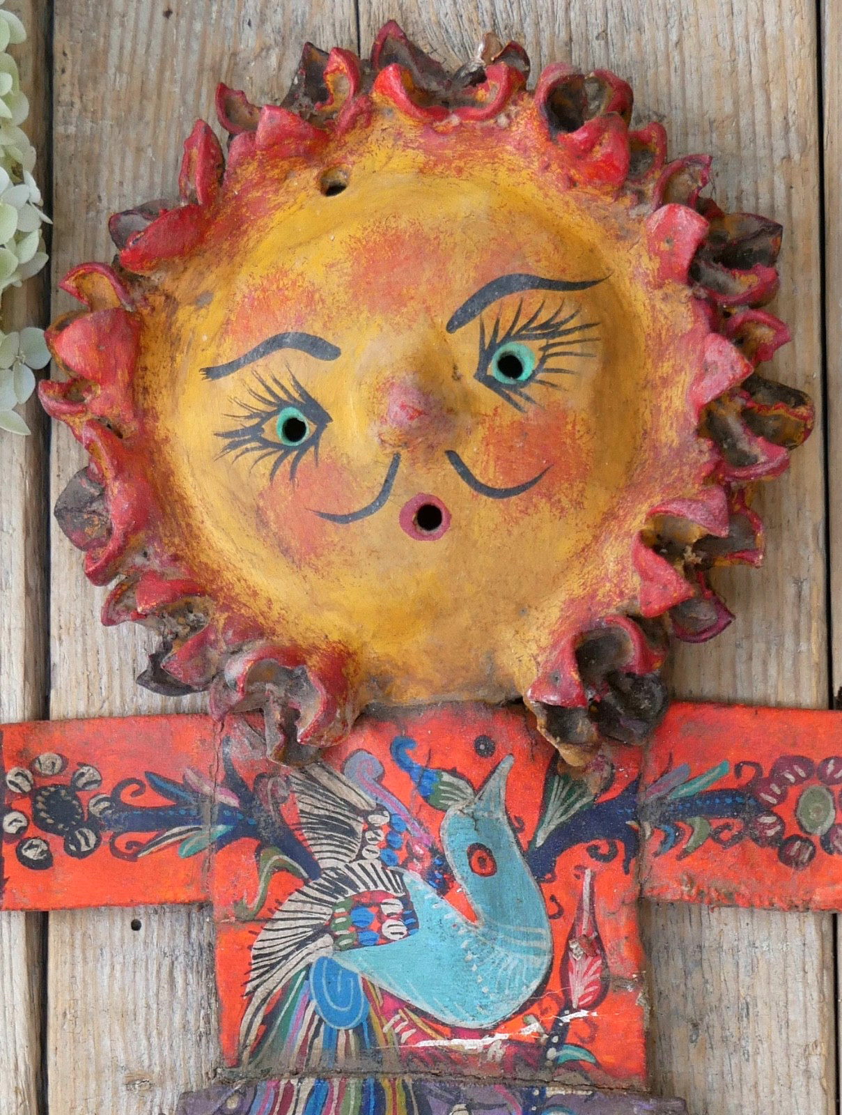 Sun Face Man Bird of Paradise Handmade Canvas & Coconut Guerrero Mexico Folk Art