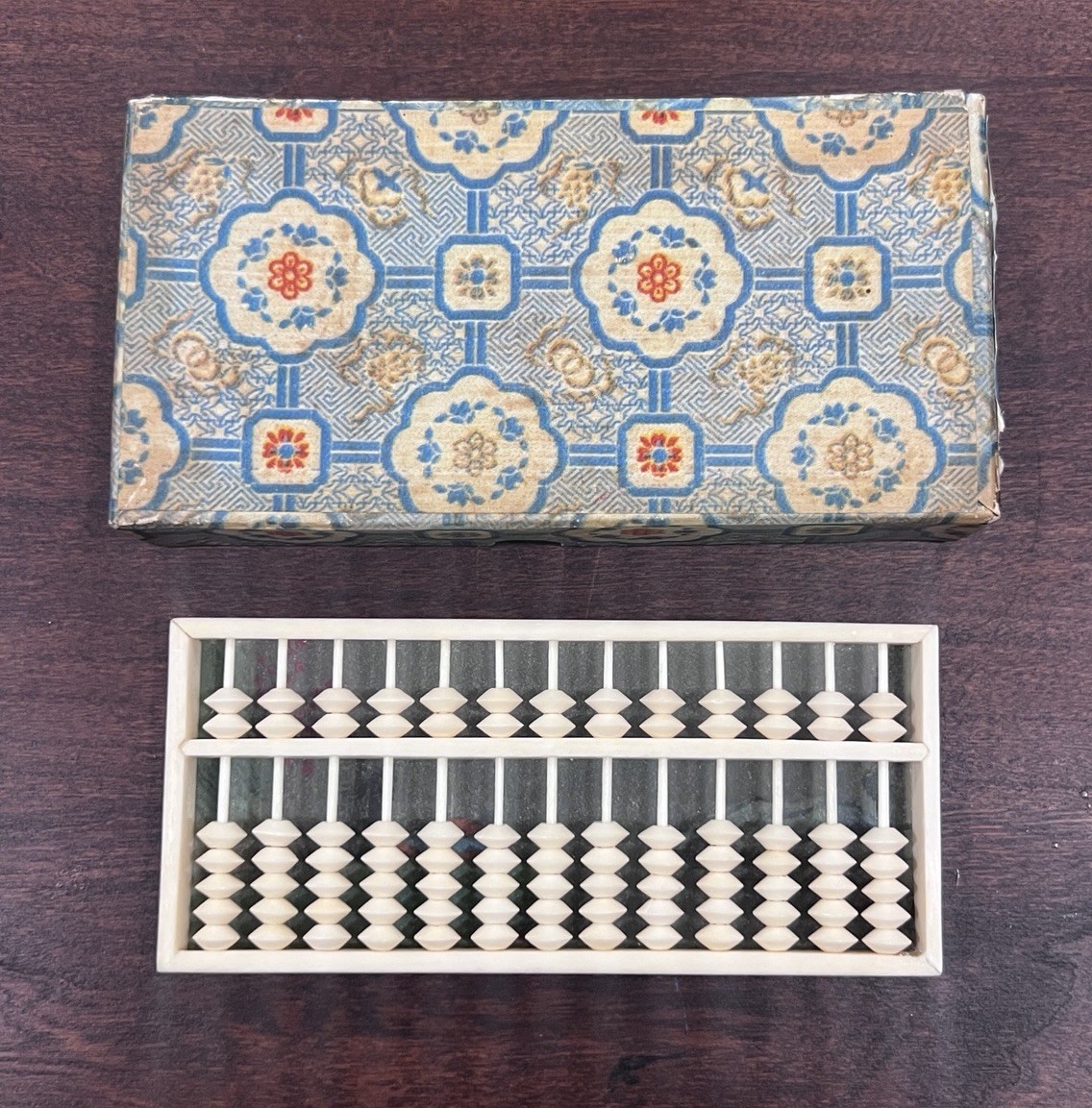 Small Vintage Chinese Abacus Suanpan Painted Glass Fabric Box VGC