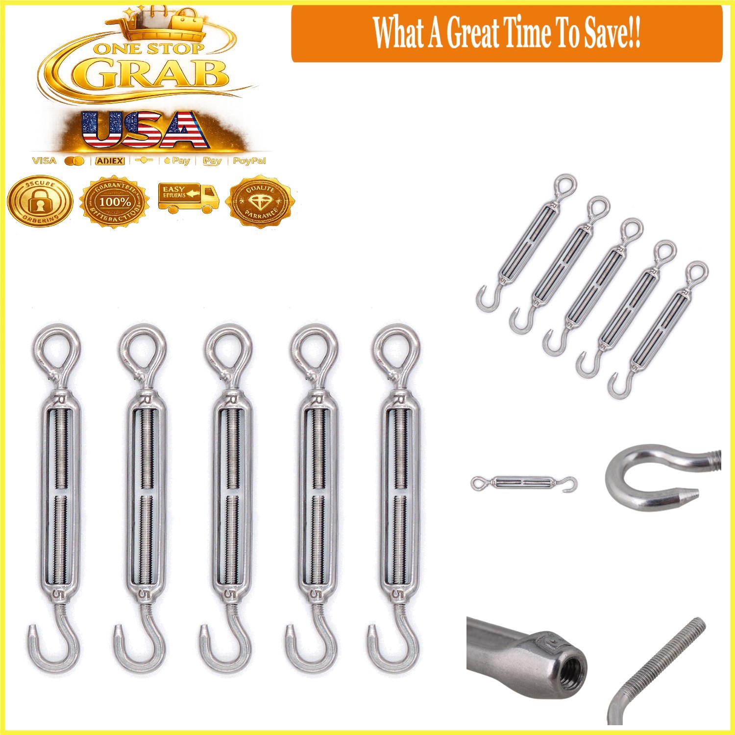 5pcs M5 Stainless Steel 304 Turnbuckle Wire Rope Tension Hook & Eye