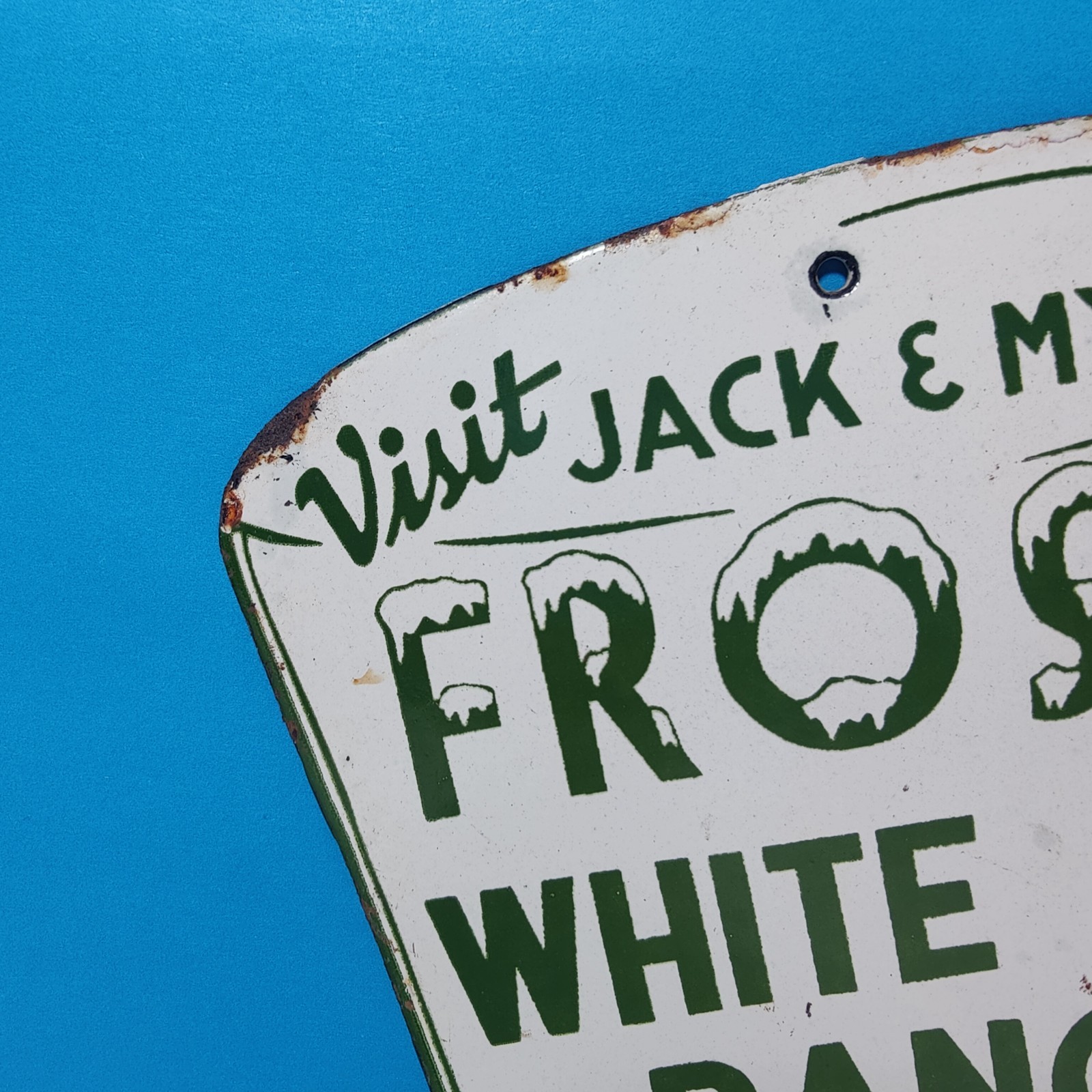 Vintage FROST'S WHITE HAT RANCH TEXAS Porcelain Enamel Sign 7" x 5" Inch