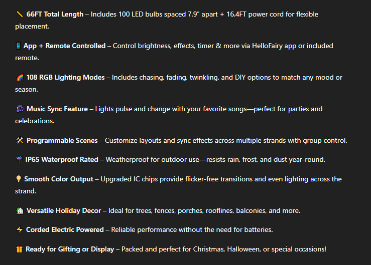 Smart RGB C9 Xmas/Holiday Lights 66FT 100 LED Outdoor App Control w/ Timer IP65