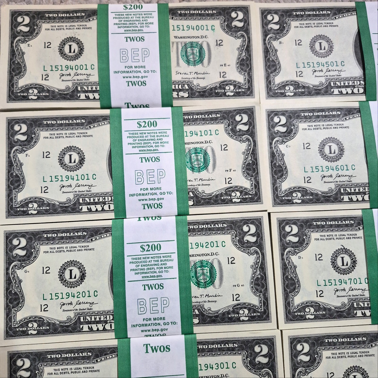 100 - $2 Two Dollar Bills UNC Sequential, Consecutive 2017A $200 TOTAL -San Fran