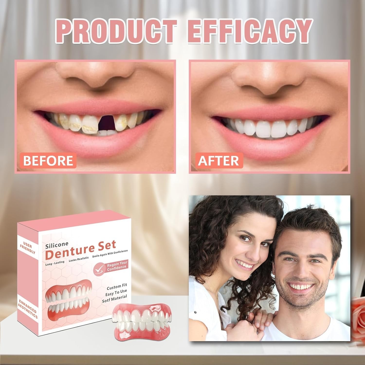 Silicone Dentures for Men & Women, Upper & Lower False Teeth, Natural Shade Smil