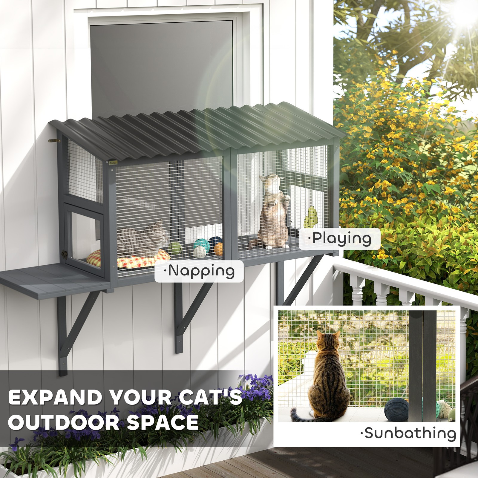 Outdoor Cat Catio, Cat Enclosure Window Perch with Jumping Platform