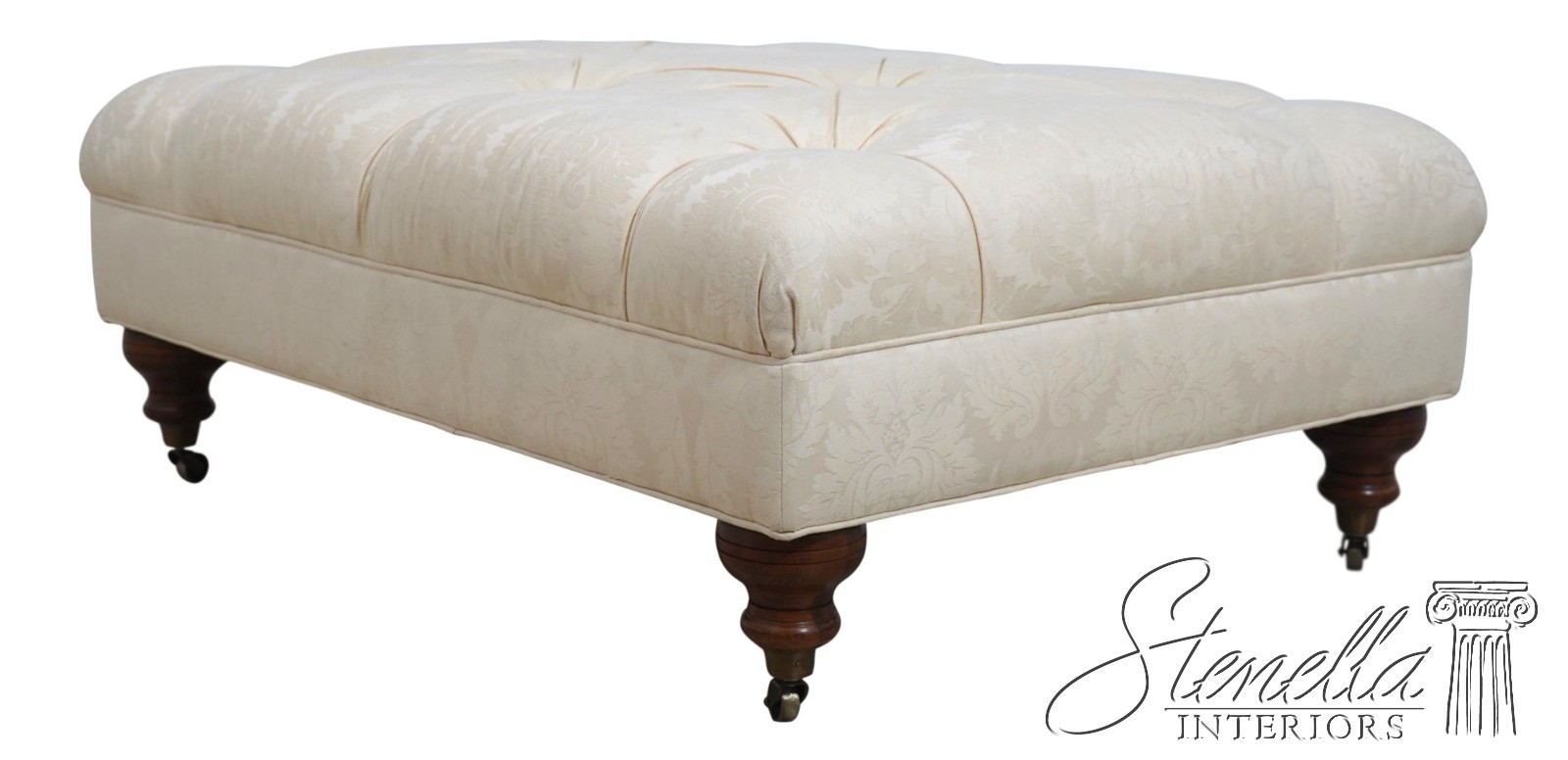 70448: ETHAN ALLEN Off White Tufted Damask Ottoman