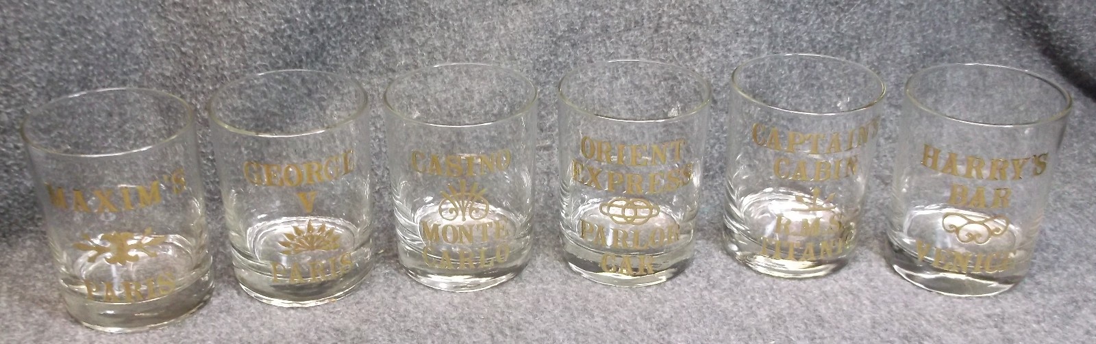 RARE VINTAGE CERA "WORLD FAMOUS BAR COLLECTION" SET OF 6 GLASSES 22K GOLD TRIM