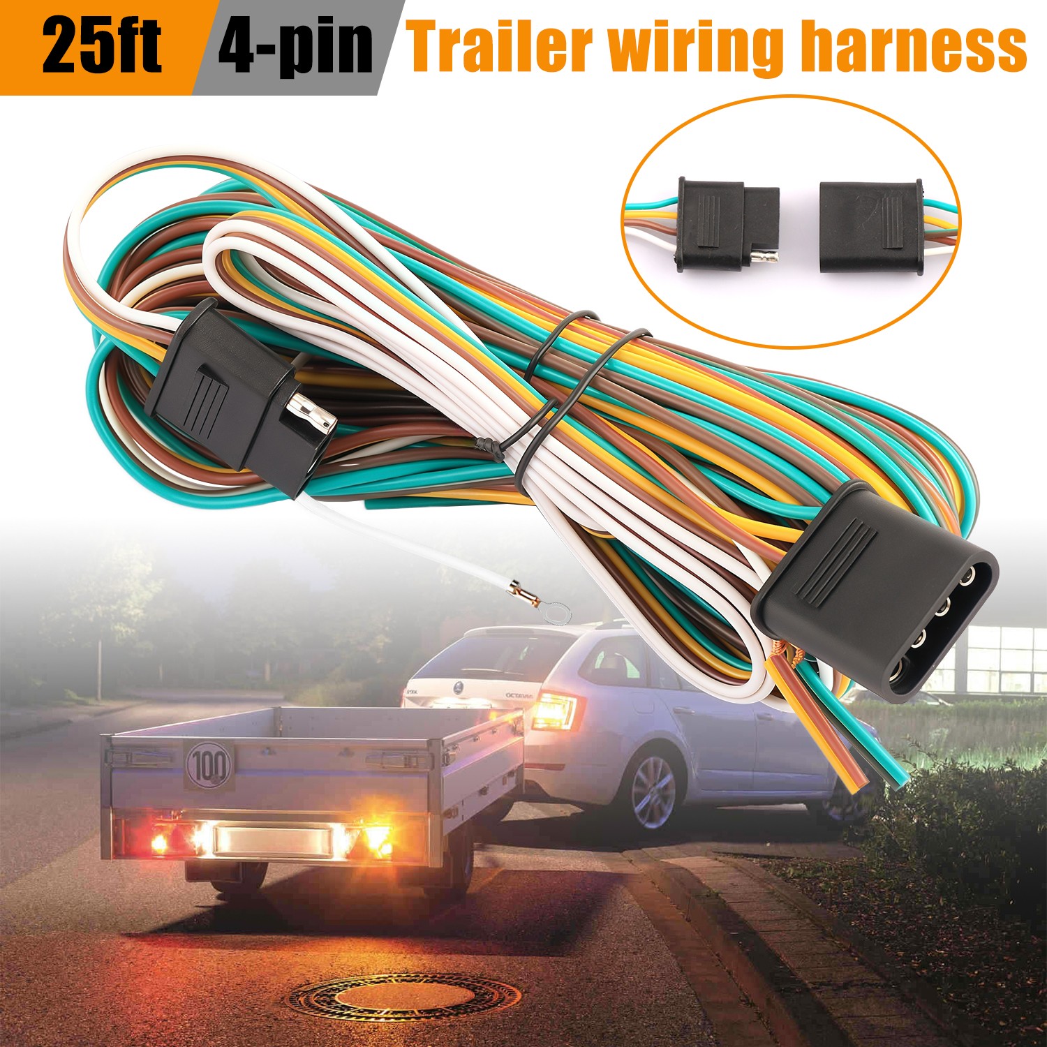 25' 4 Pin Flat Trailer Wiring Harness Kit Wishbone Style for Trailer Tail Lights