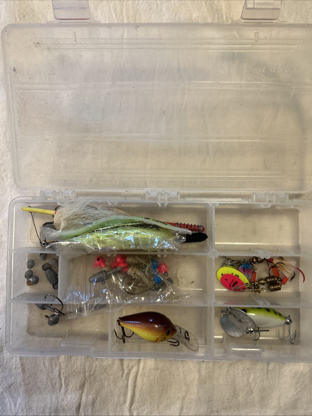 Plano Clear Tackle Box 3500 With Lures Weights Plastic Worms LOT Fishing Fish